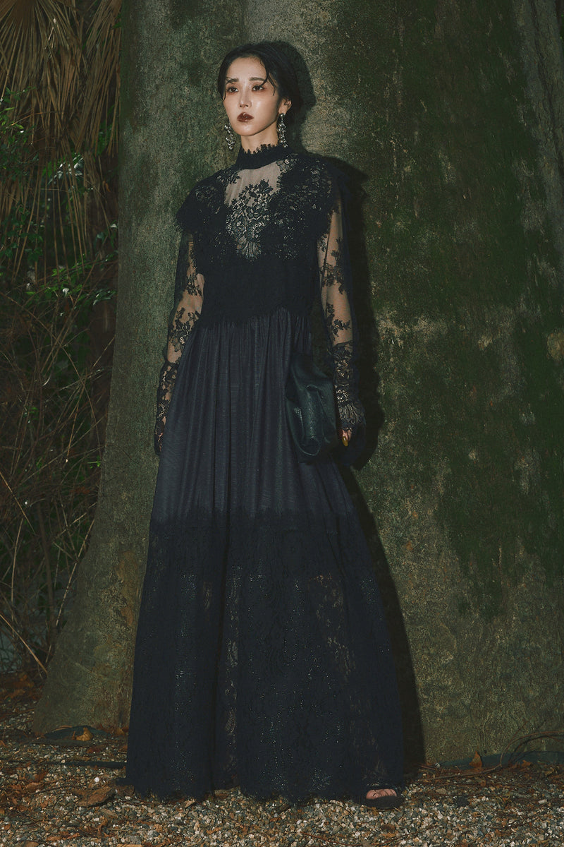 チュールレースクラシックドレス - 黒 Mame Kurogouchi（マメ クロゴウチ） チュールレースクラシックドレス