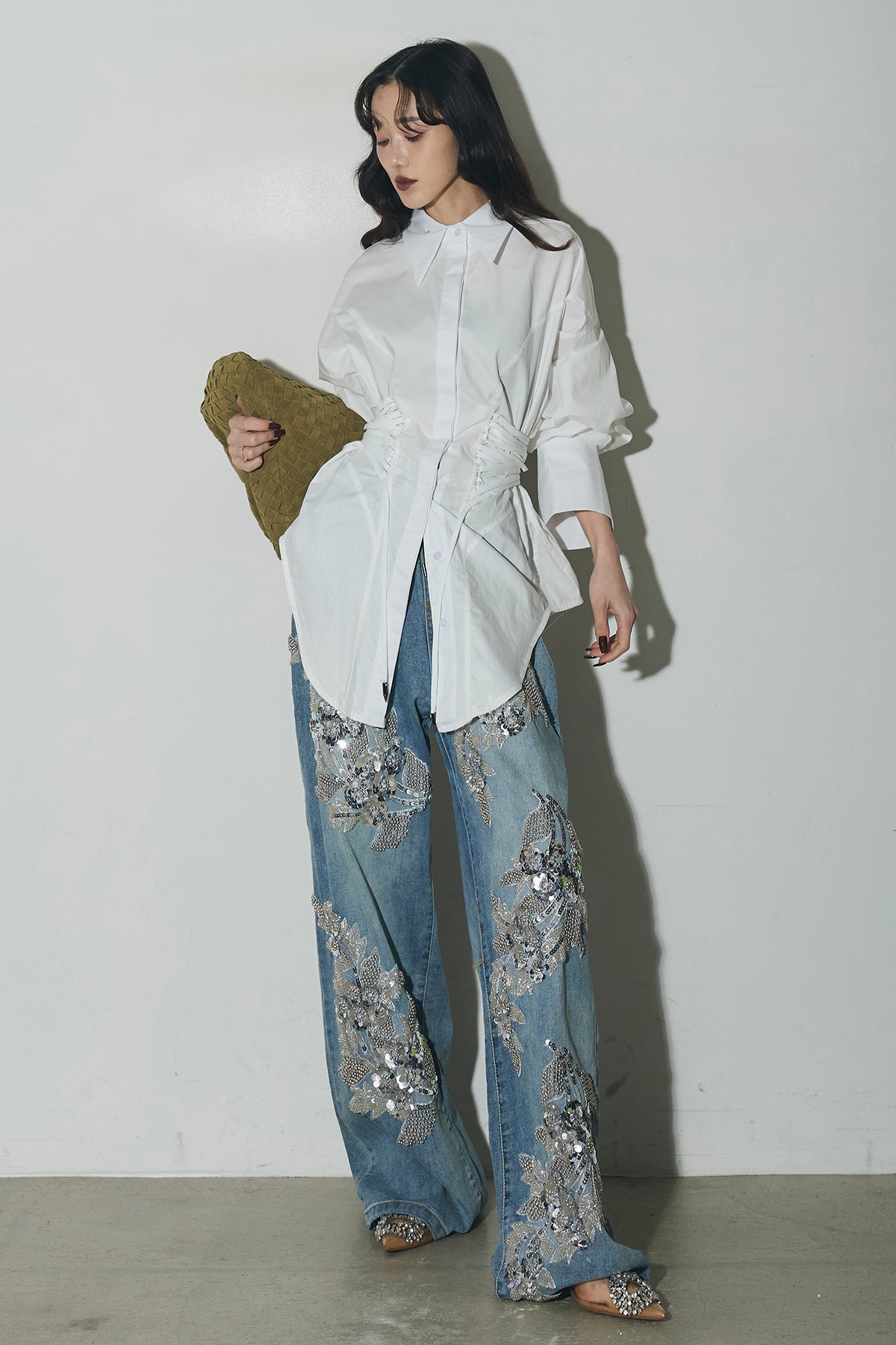 ANDREA & Co.ウエストレースアップブラウス&デニムビジュー刺繍パンツ SET】ウエストレースアップブラウス+デニムビジュー刺繍パンツ