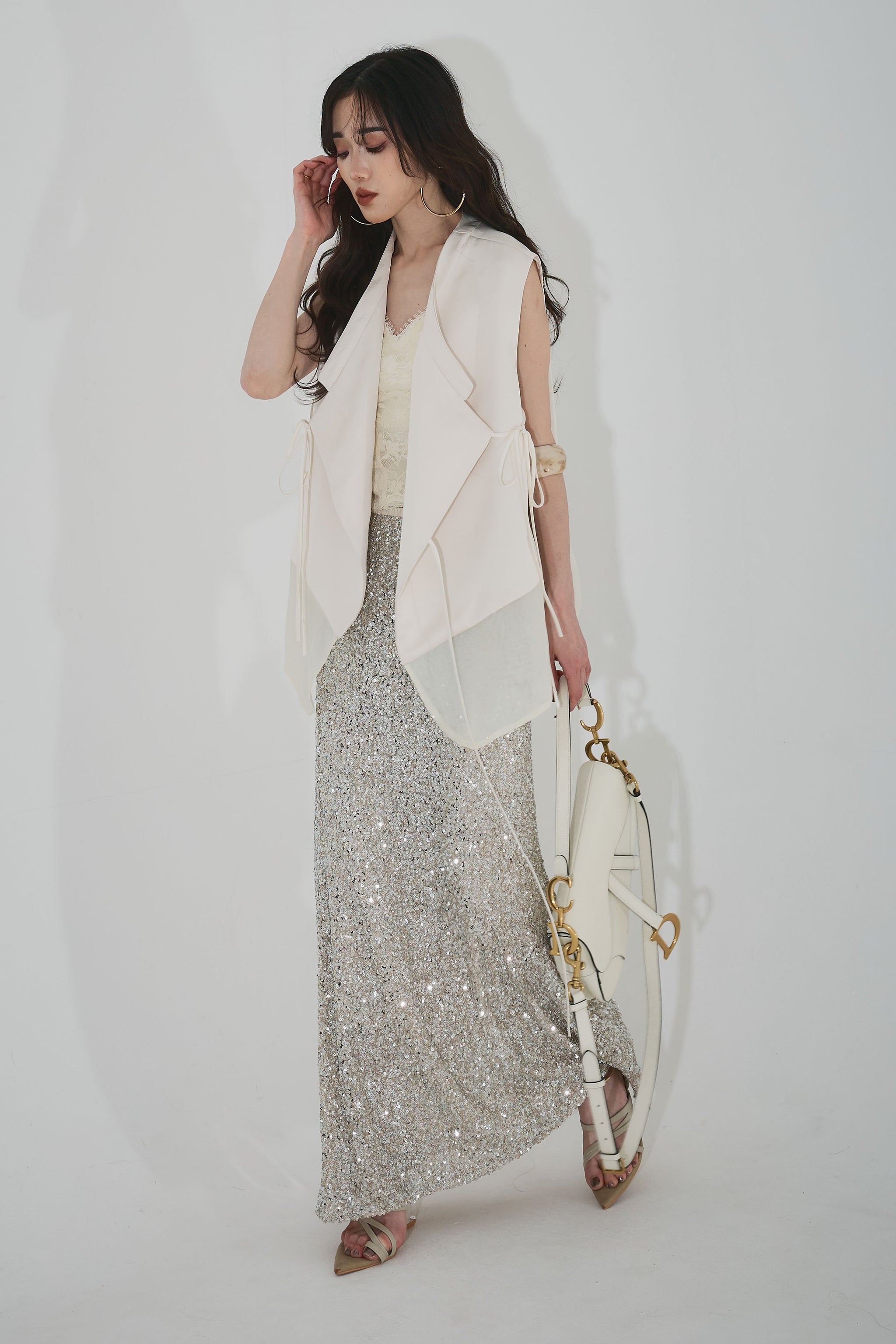 【AUBREY】新品タグ付き ANDREA & Co. 異素材MIXテックベスト AUBREY/SET】異素材MIXテックベスト+スパンコールマキシスカート