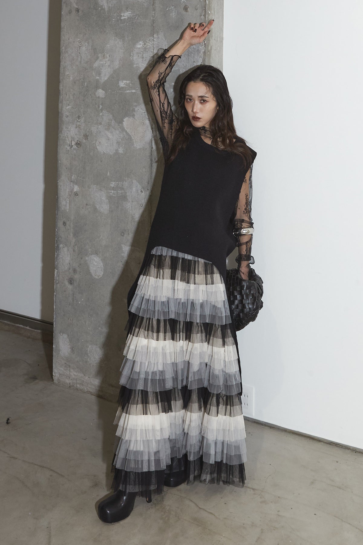 SET】ランダムヘムニットベスト+ティアードフリルチュールスカート