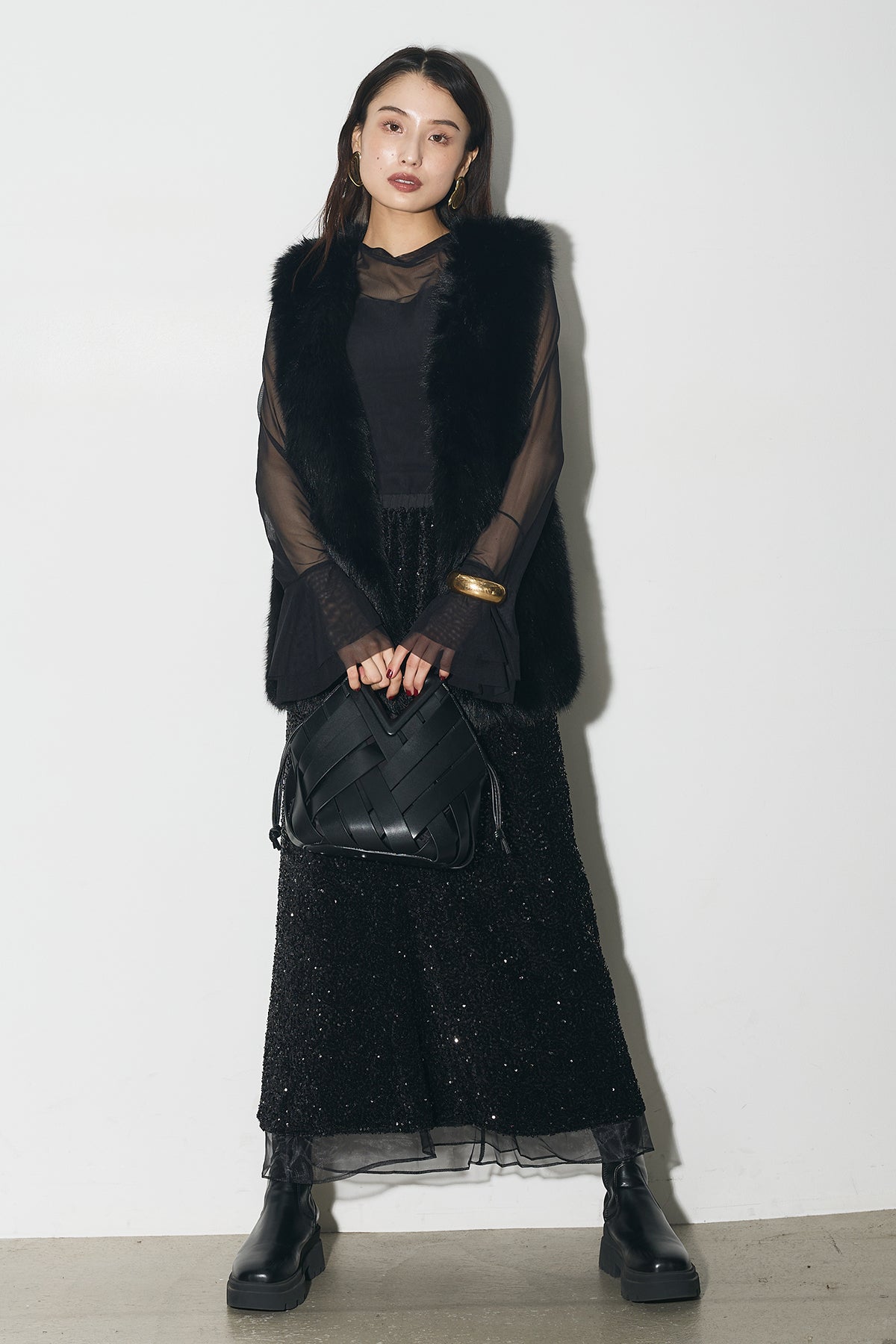 SET】フレアカフスシアートップ+シャギーフェイクファーベスト+