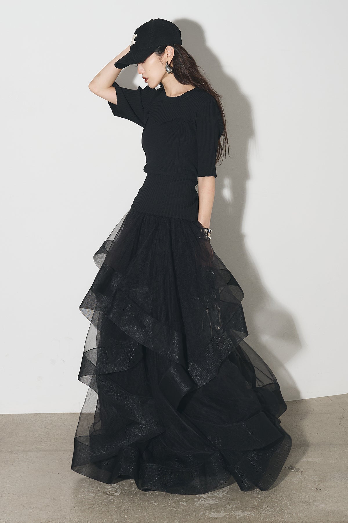 SET】ビスチェニットトップス+ボリュームフリルチュールスカート