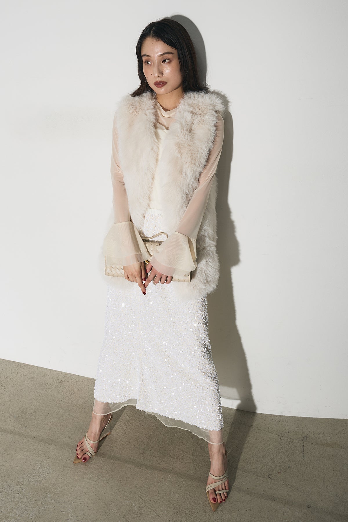 SET】フレアカフスシアートップ+シャギーフェイクファーベスト+