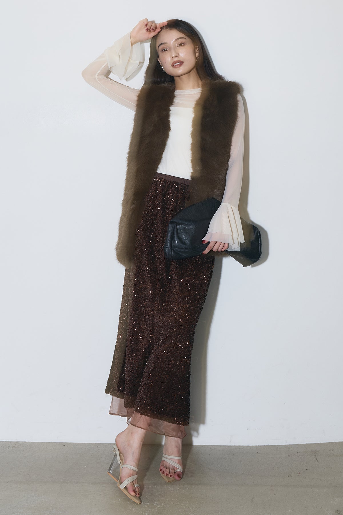 SET】フレアカフスシアートップ+シャギーフェイクファーベスト+