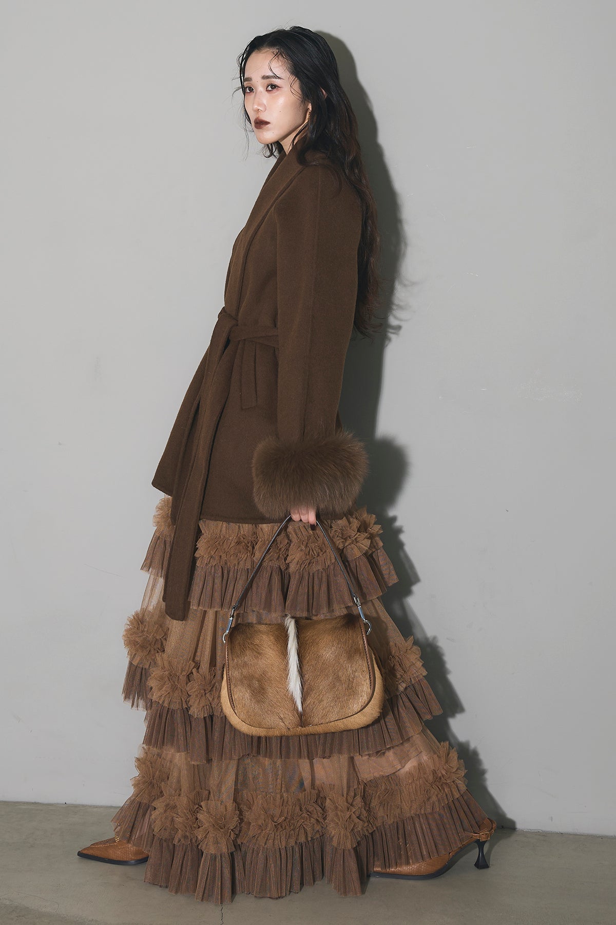 SET】ファーガウンミドルコート+チュールフリルティアードスカート