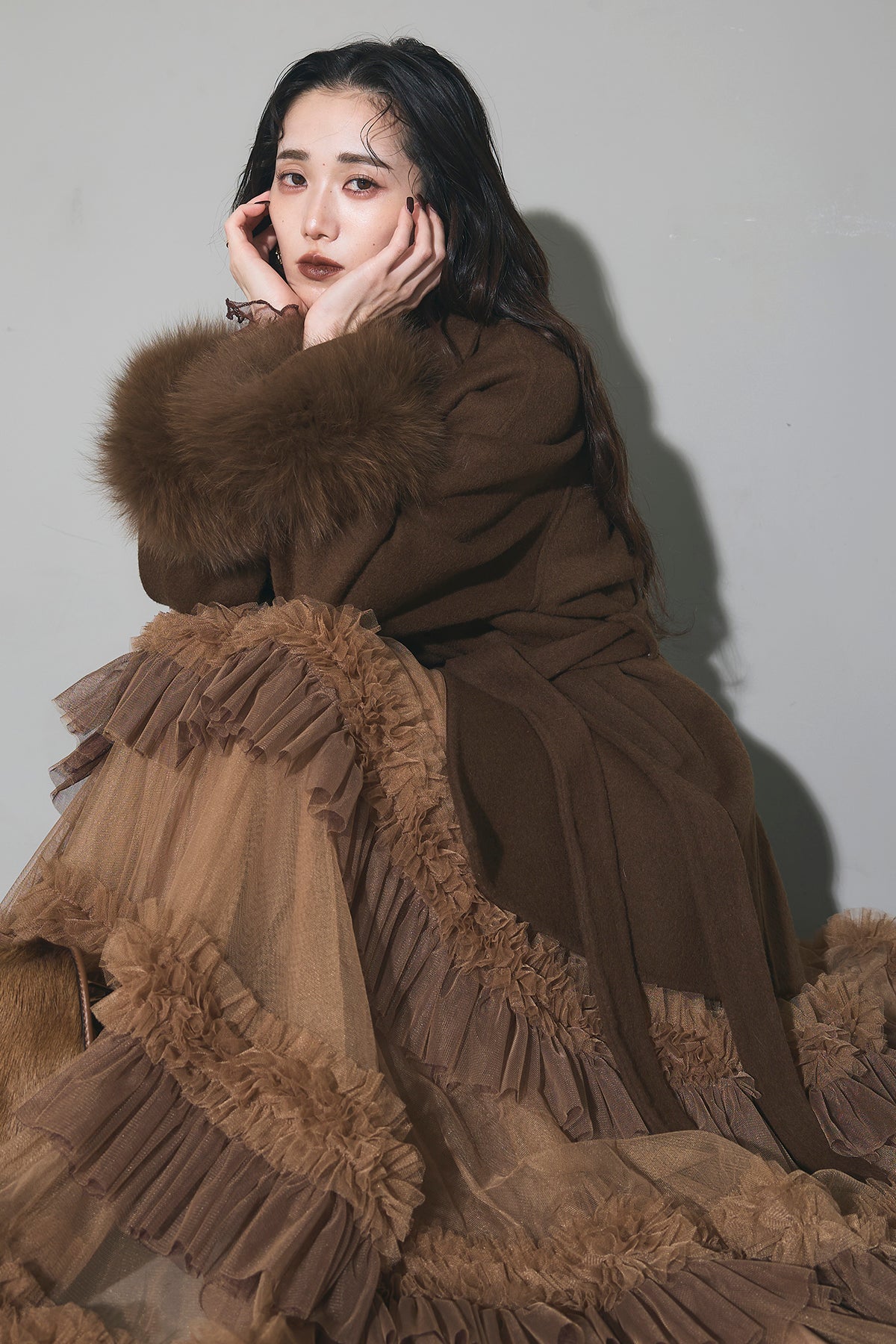 SET】ファーガウンミドルコート+チュールフリルティアードスカート