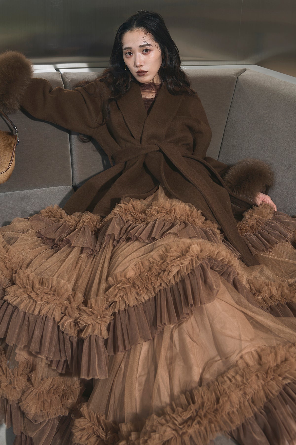 SET】ファーガウンミドルコート+チュールフリルティアードスカート