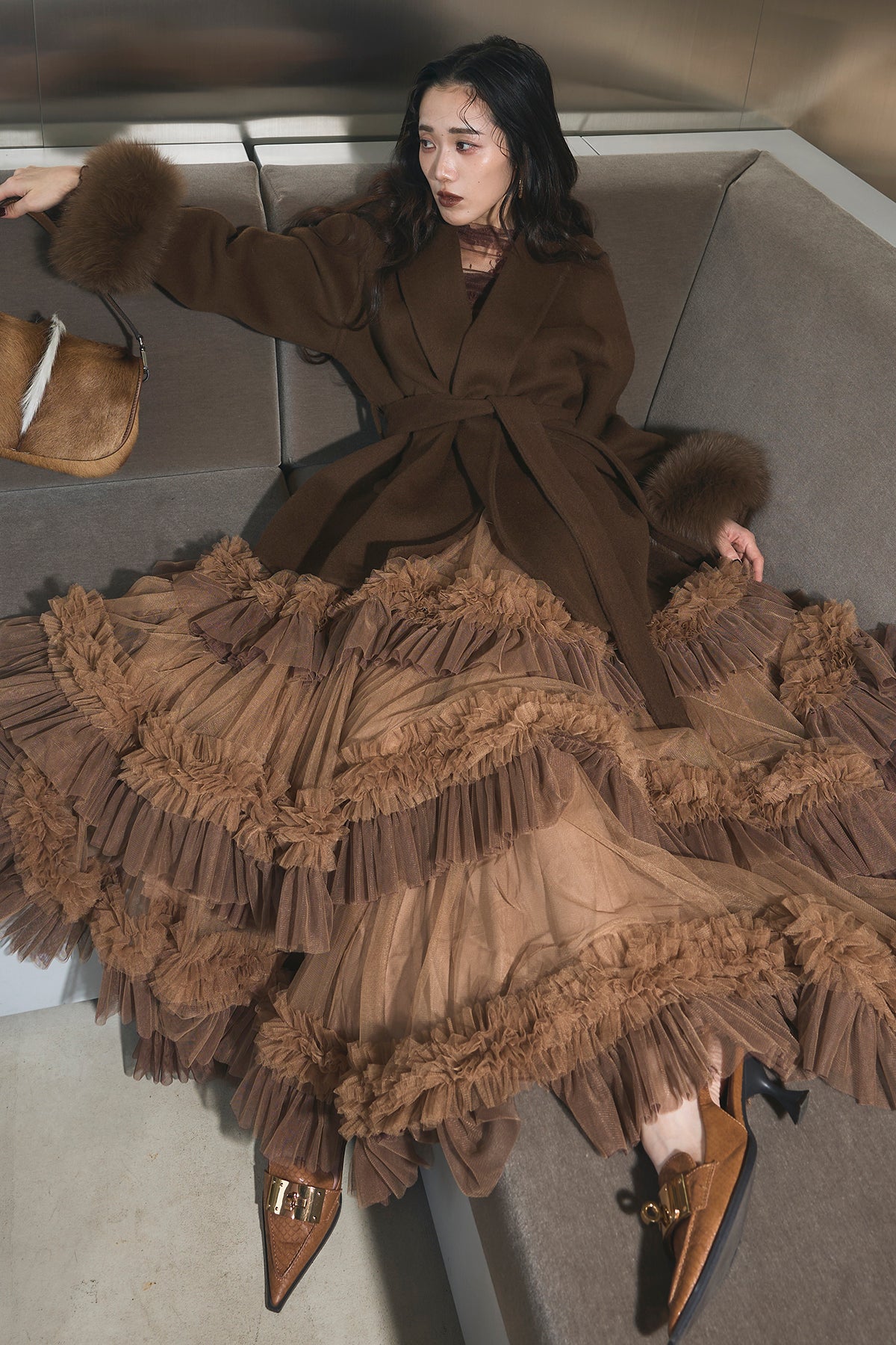 SET】ファーガウンミドルコート+チュールフリルティアードスカート