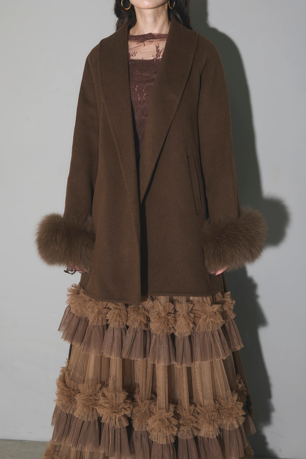 SET】ファーガウンミドルコート+チュールフリルティアードスカート