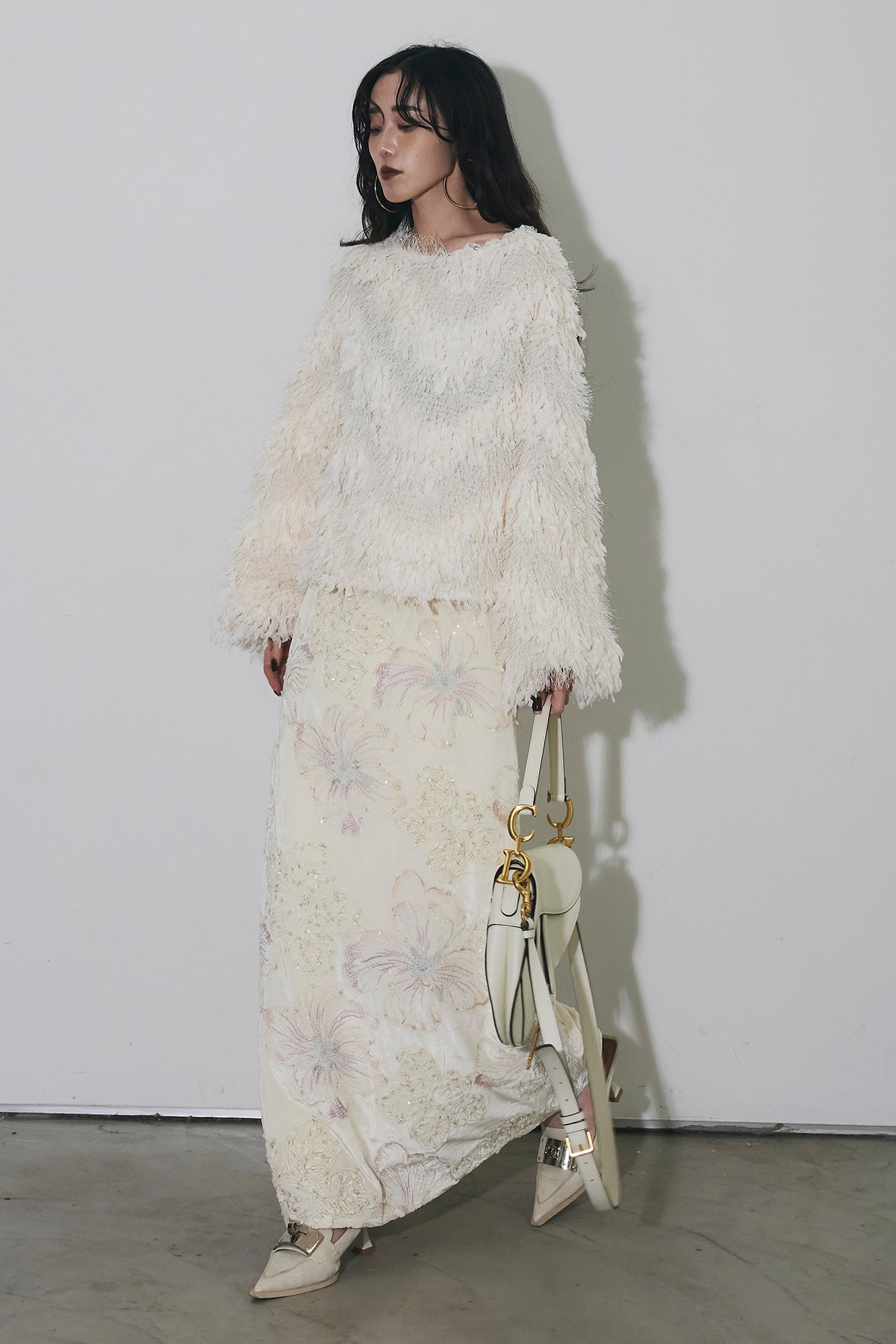 SET】フェザージャガードコントラストニット+ボタニカル刺繍ベロア