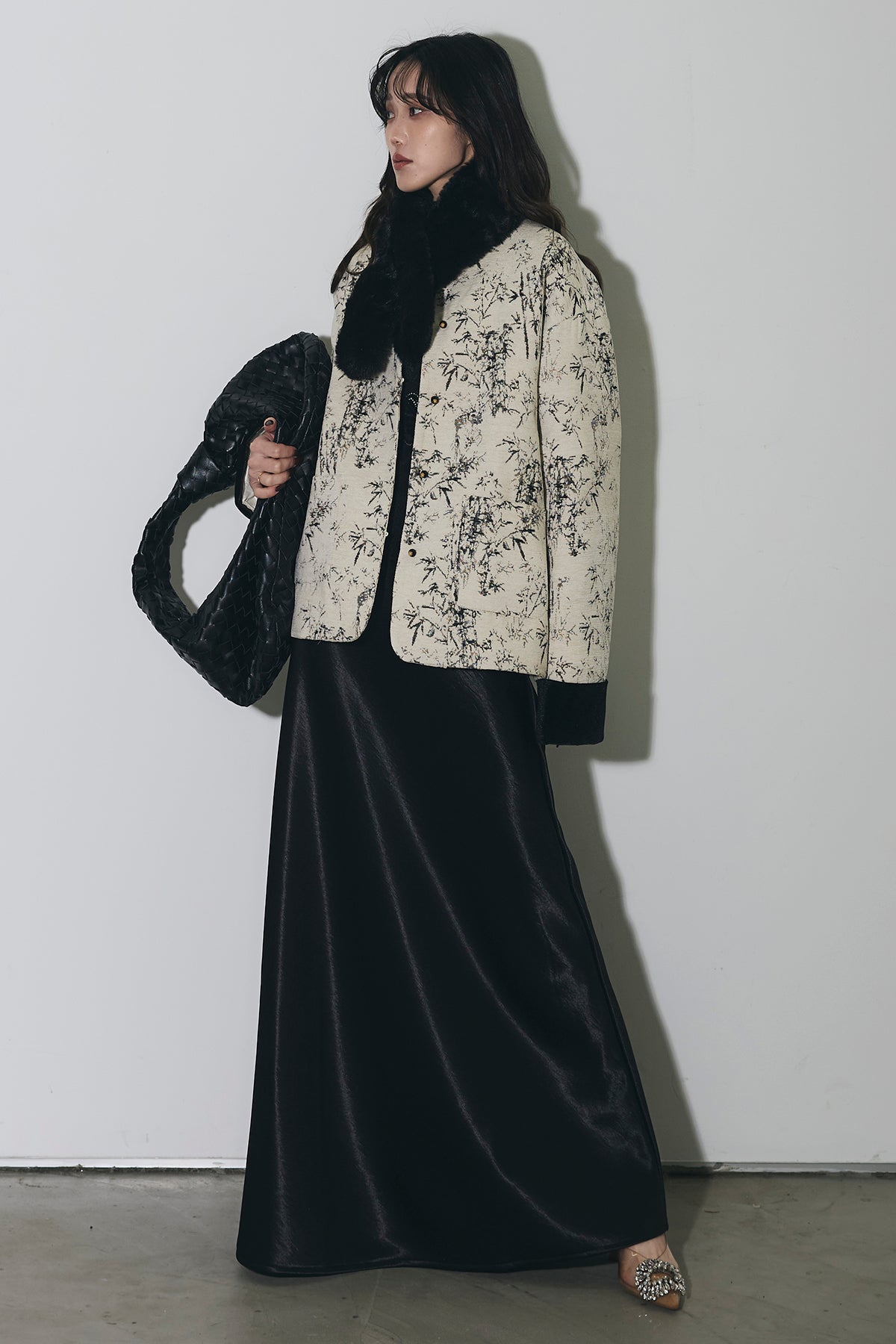 【美品】ANDREA &CO ジャケット SET】ファーマフ付きジャガードジャケット+レースコンビニット+サテン