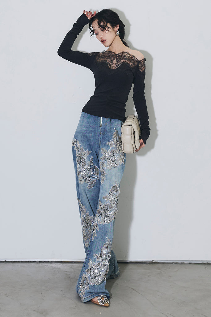 SET】レースオフショルニット+デニムビジュー刺繍パンツ – ANDREA&Co.