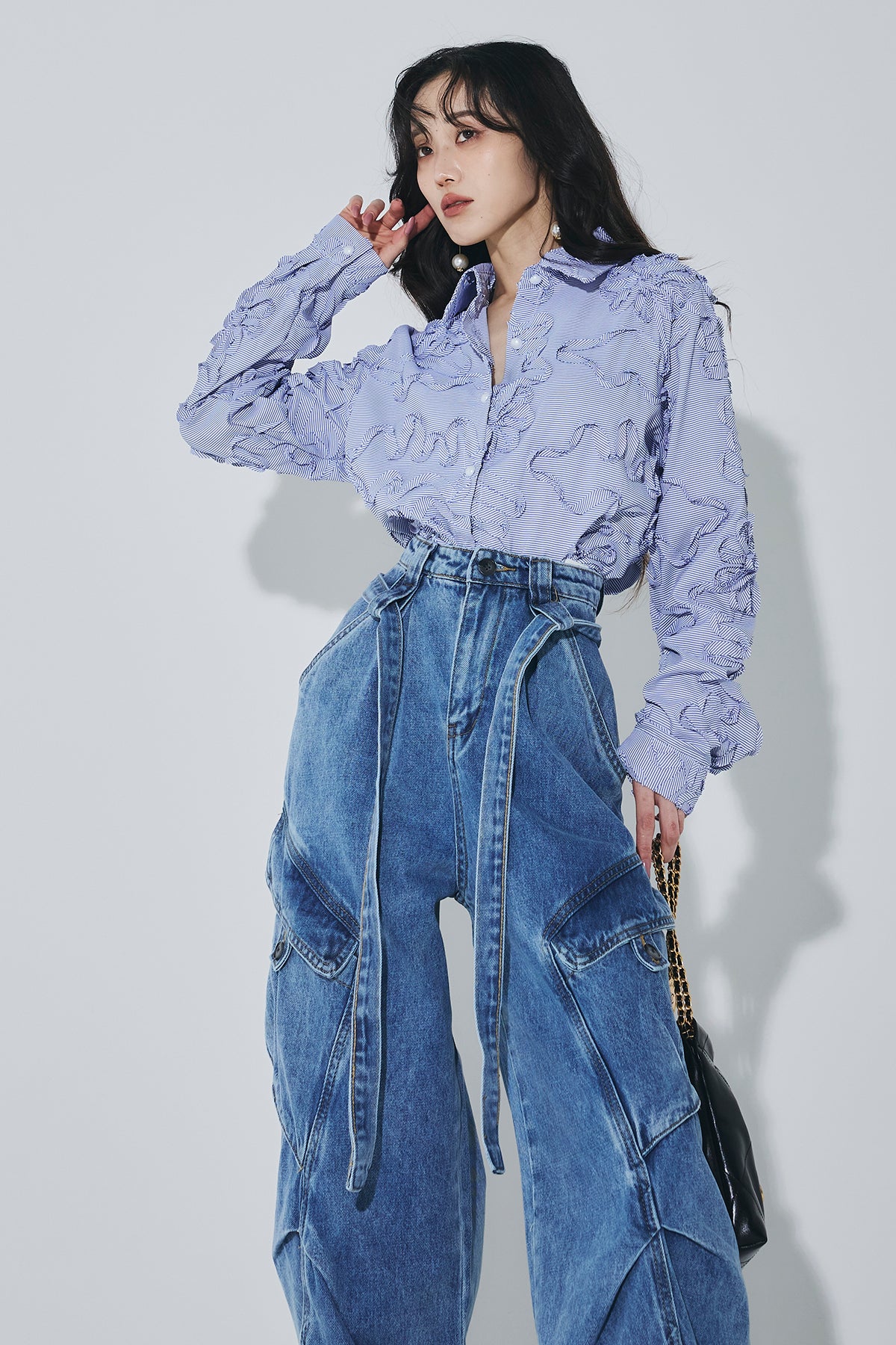 【1回着用】HOUGA aqua draped shirt ブルーストライプ 1 テープジャガードストライプシャツ – ANDREA&Co.