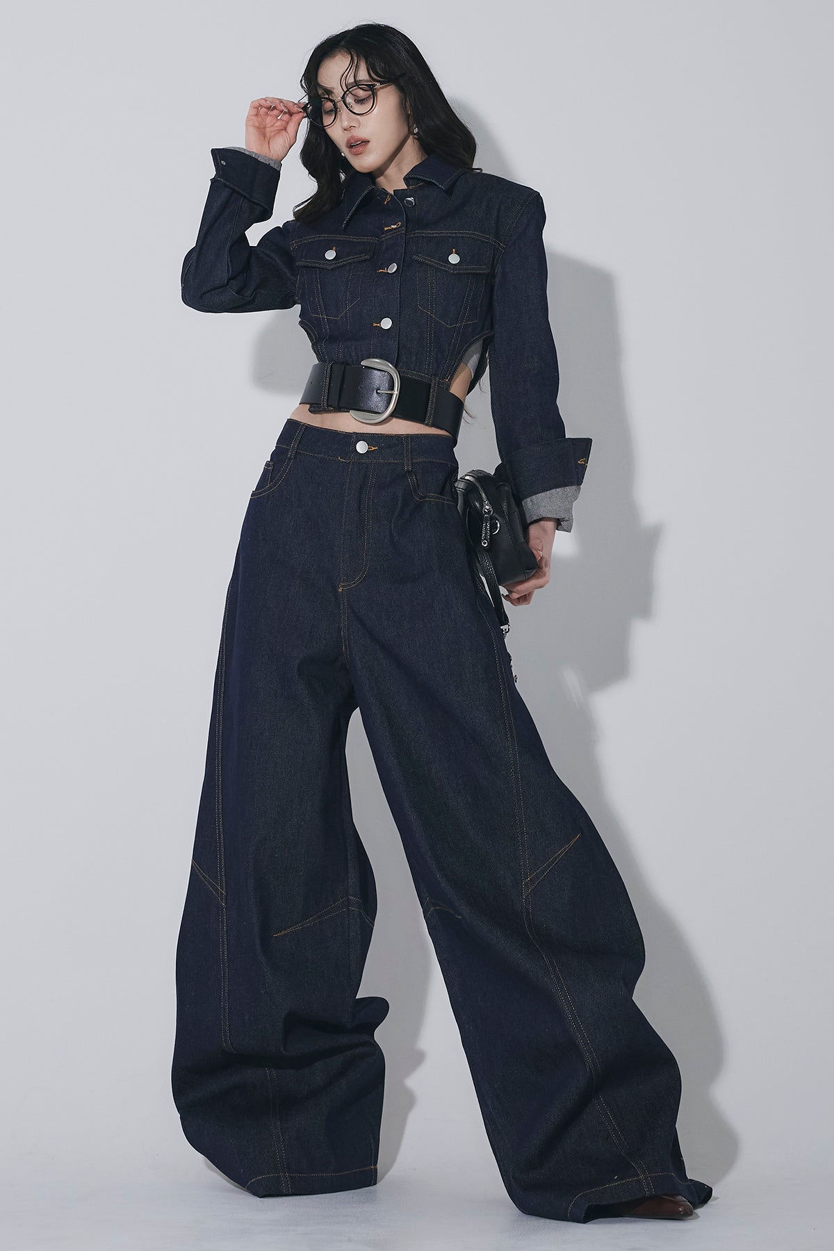 ANDREA&Co. 【SET】デニムジャケット+デニムパンツ+ベルト SET】ベルテッドカットアウトデニムジャケット+バレルデニムパンツ