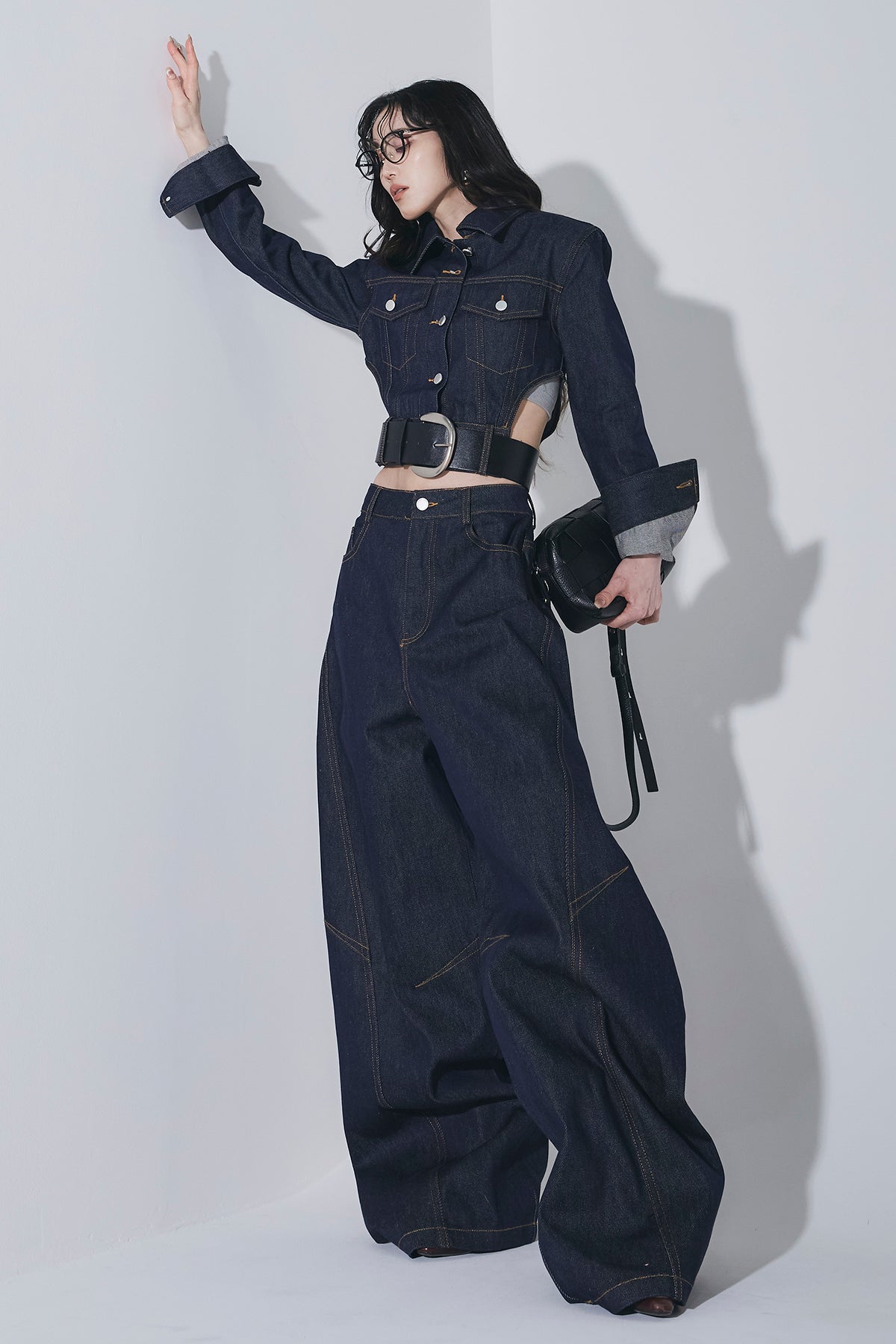 ANDREA&Co. 【SET】デニムジャケット+デニムパンツ+ベルト SET】ベルテッドカットアウトデニムジャケット+バレルデニムパンツ