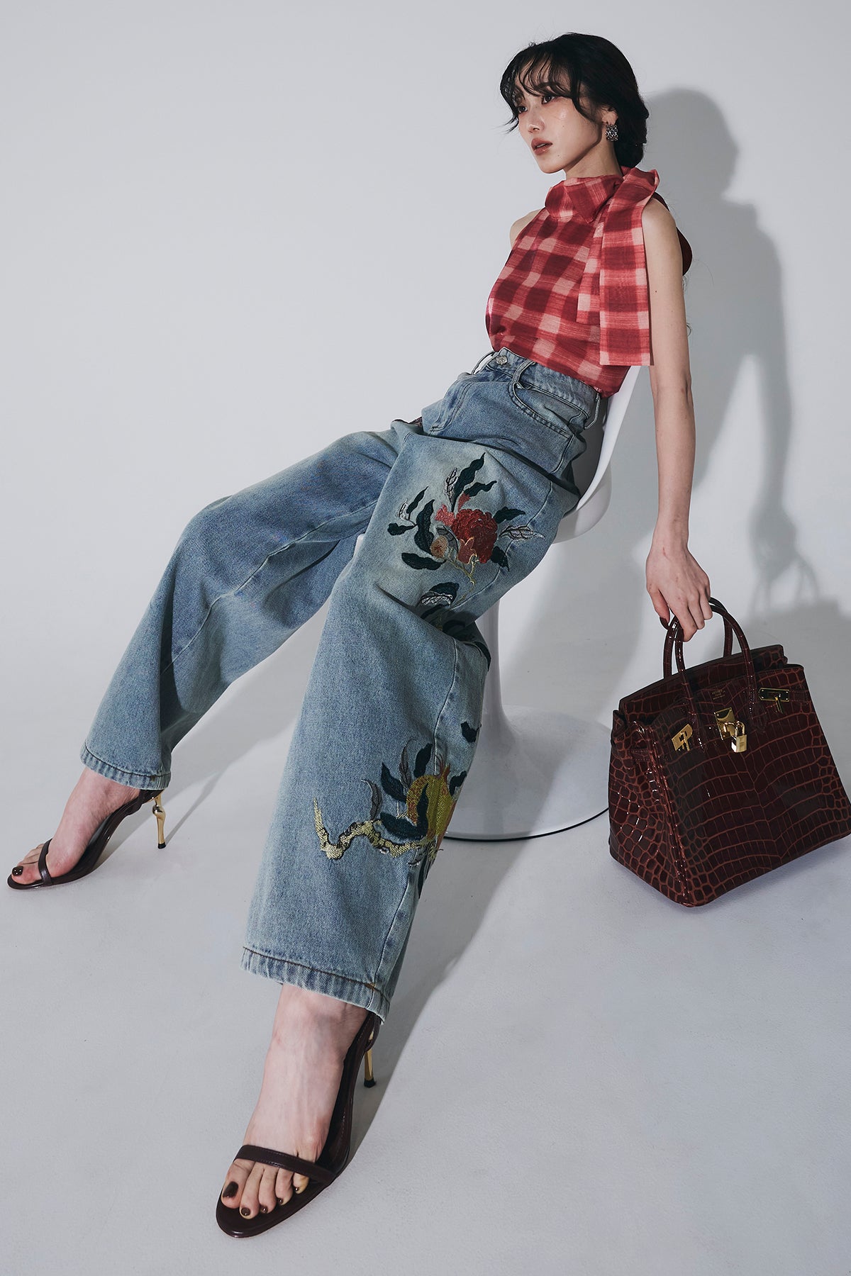 ANDREA&Co. ボタニカルエンブロイダリーデニム SET】チェックリボンネックトップス+ボタニカルエンブロイダリーデニム