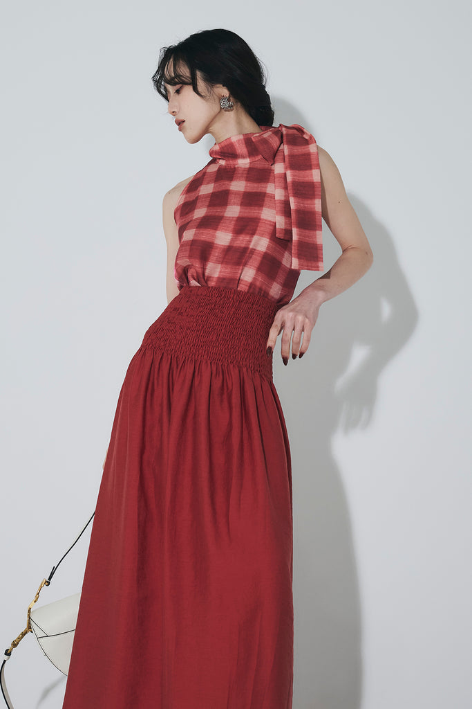 ANDREA & Co. シャーリングフレアスカート SET】チェックリボンネックトップス+シャーリングフレアスカート
