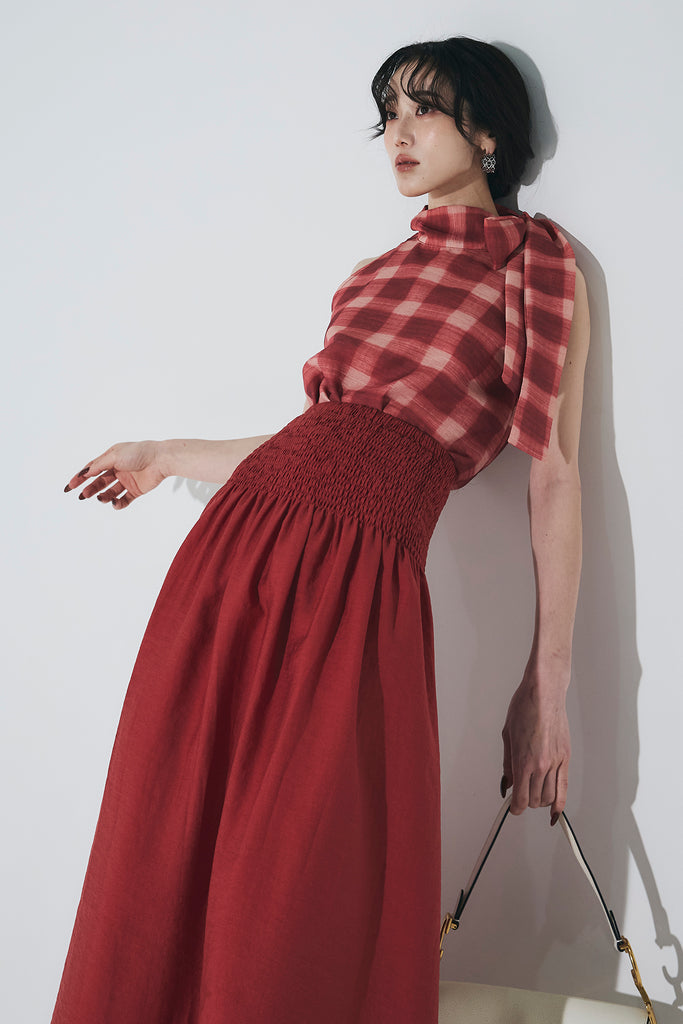 ANDREA&Co. フレアスカート SET】チェックリボンネックトップス+シャーリングフレアスカート