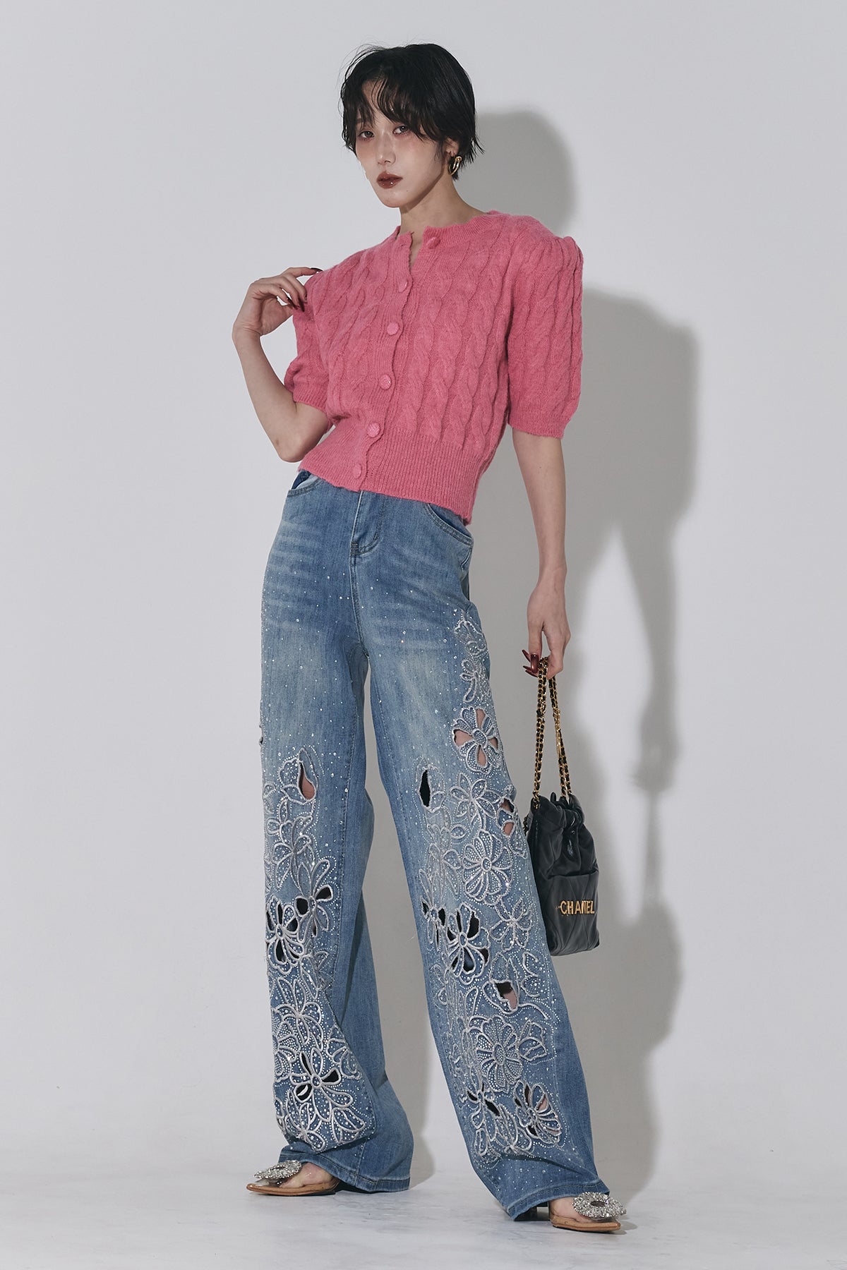 ANDREA & Co. レース切替ワイドデニムパンツ レースカットアウトデニム