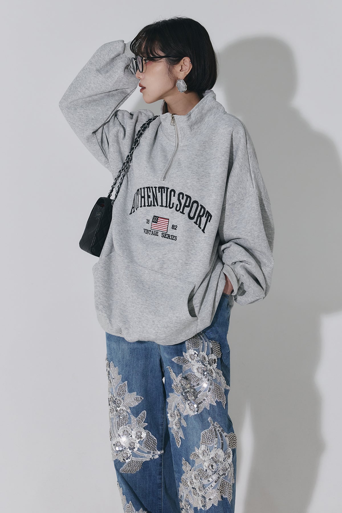 SET】ハーフジップロゴオーバースウェット+デニムビジュー刺繍パンツ