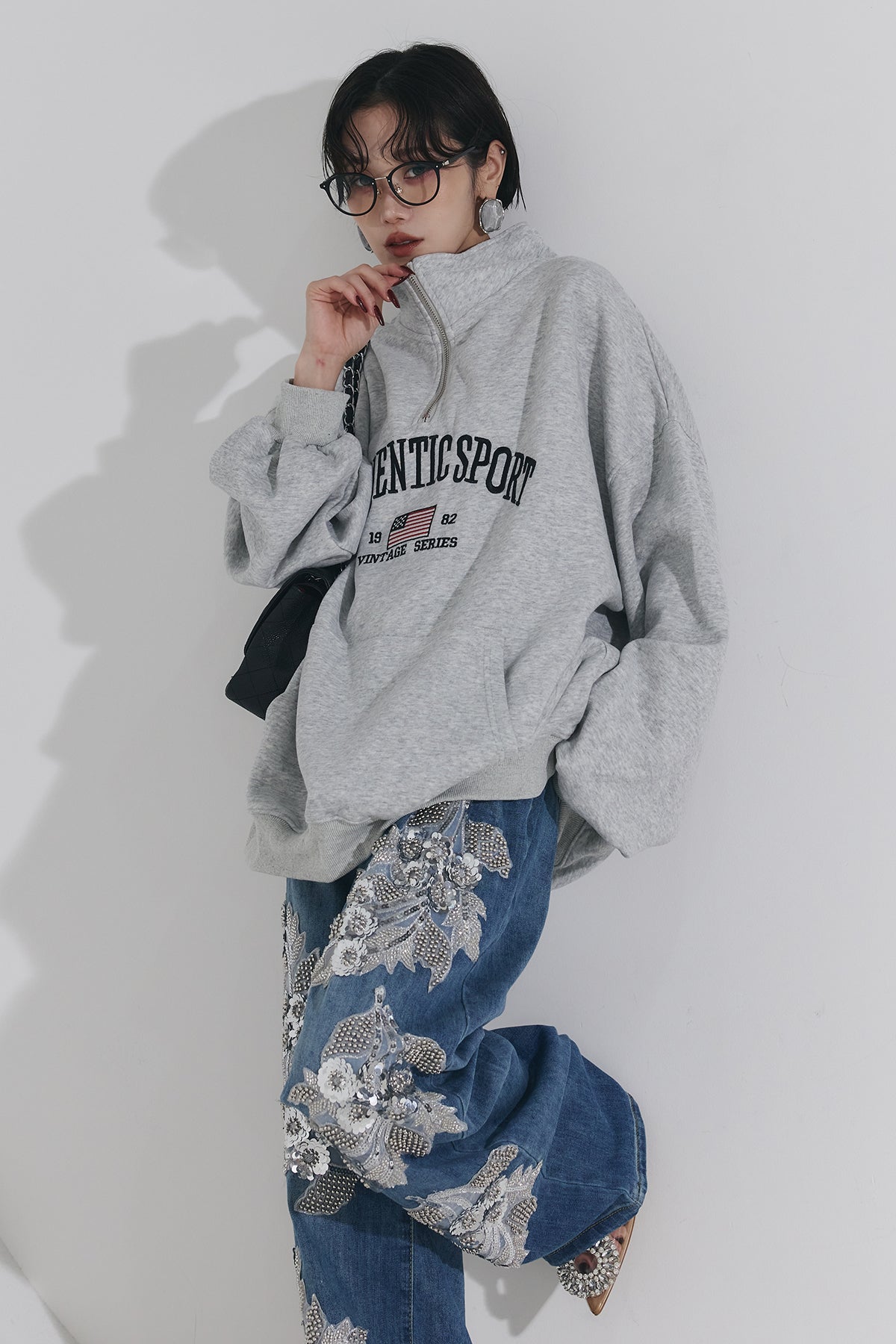 SET】ハーフジップロゴオーバースウェット+デニムビジュー刺繍パンツ