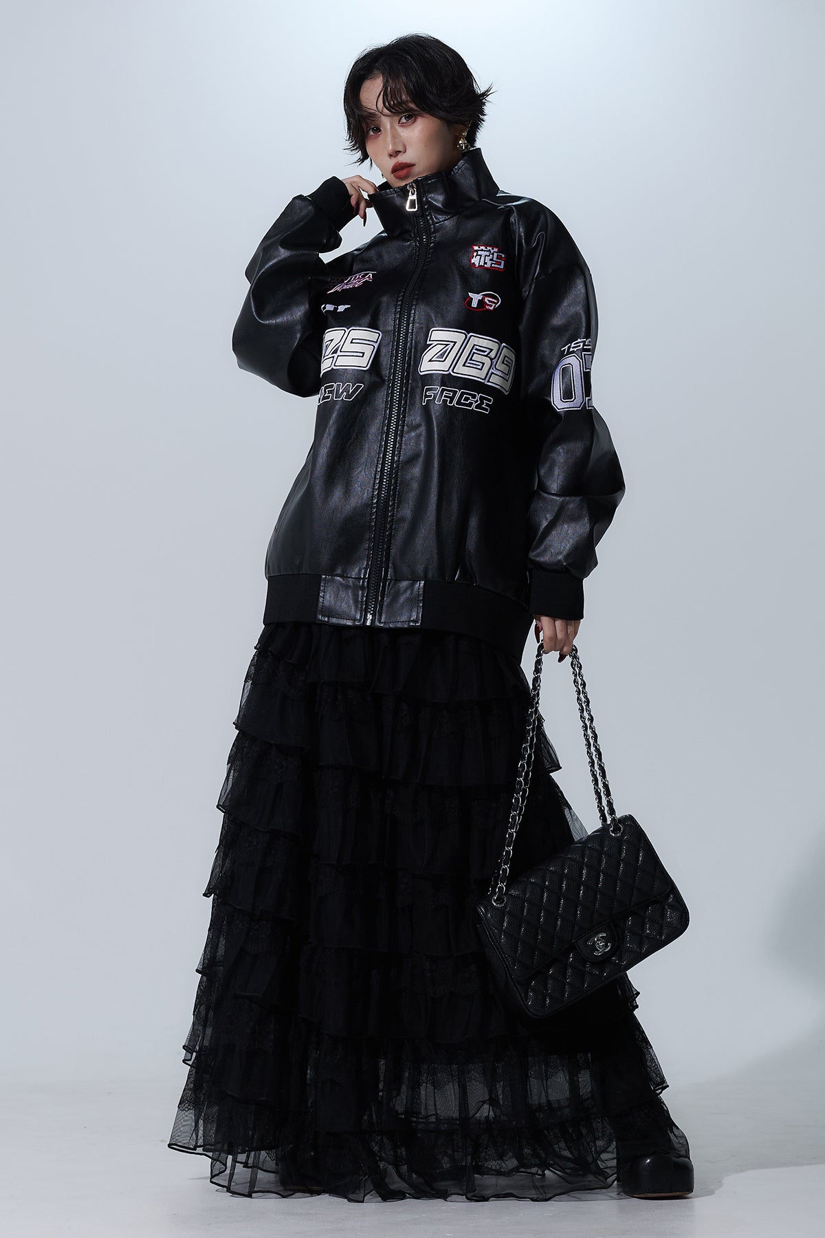 SET】レーシンググラフィックフェイクレザージャケット+ティアード