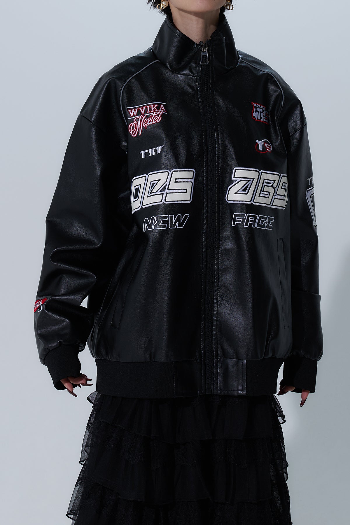 SET】レーシンググラフィックフェイクレザージャケット+ティアード