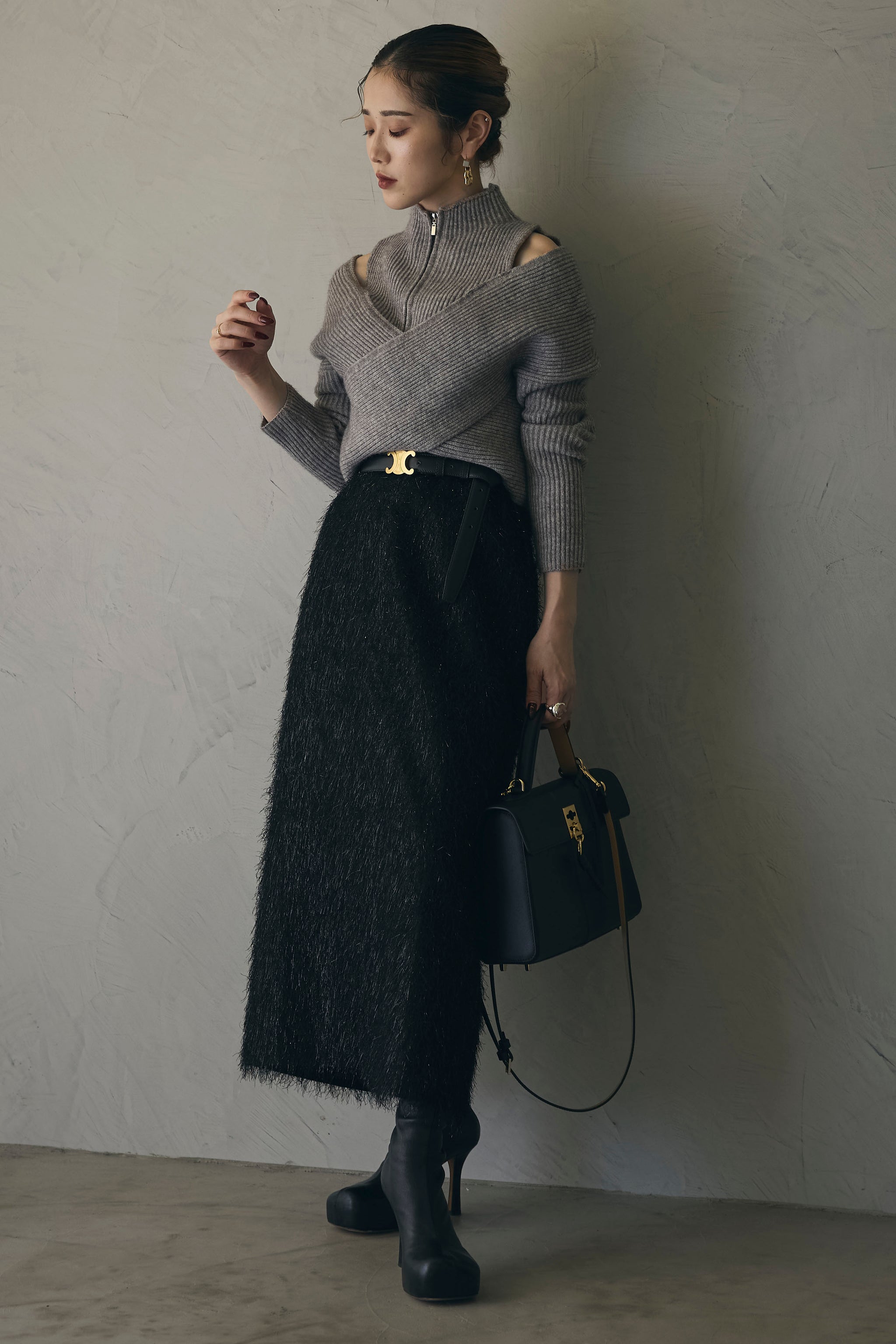 ANDREA & CO ショルダーカットジップニット　グレー ファッション 通販ファッション - ANDREA & CO ショルダーカット