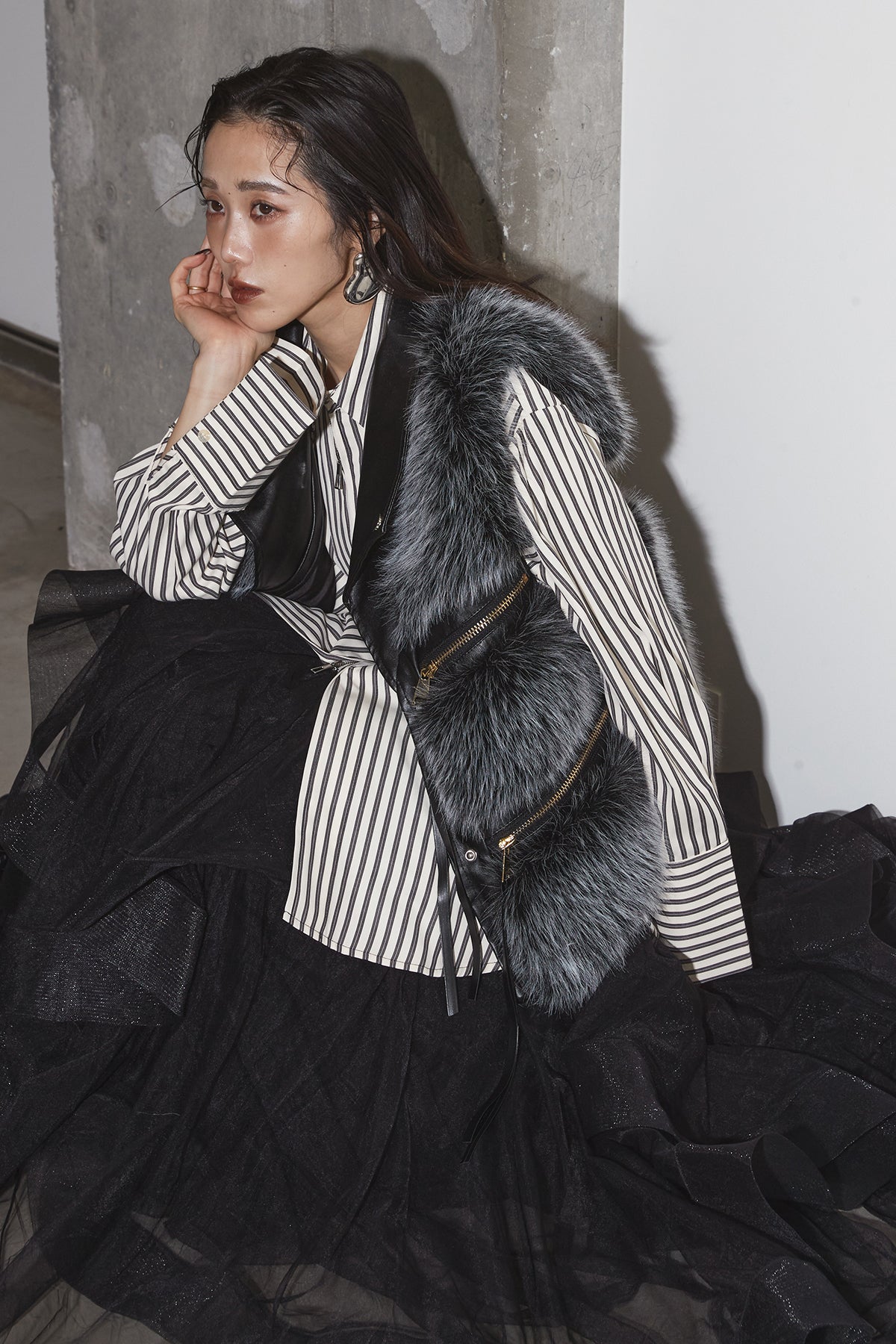 SET】フェイクファーライダースベスト+ボリュームフリルチュール
