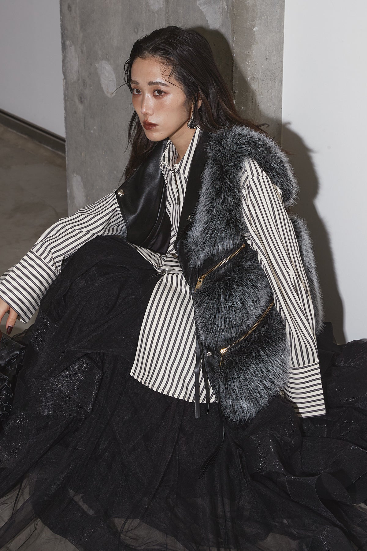 SET】フェイクファーライダースベスト+ボリュームフリルチュール