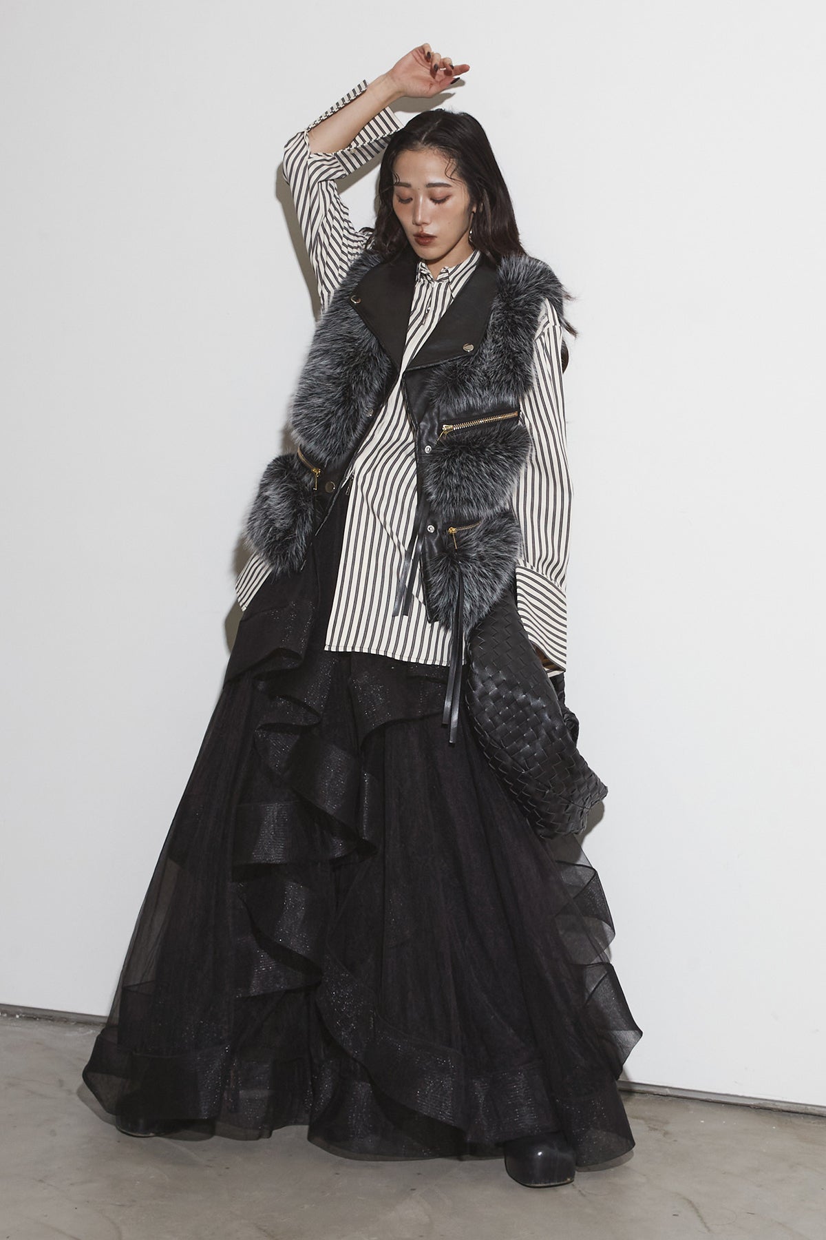 SET】フェイクファーライダースベスト+ボリュームフリルチュール