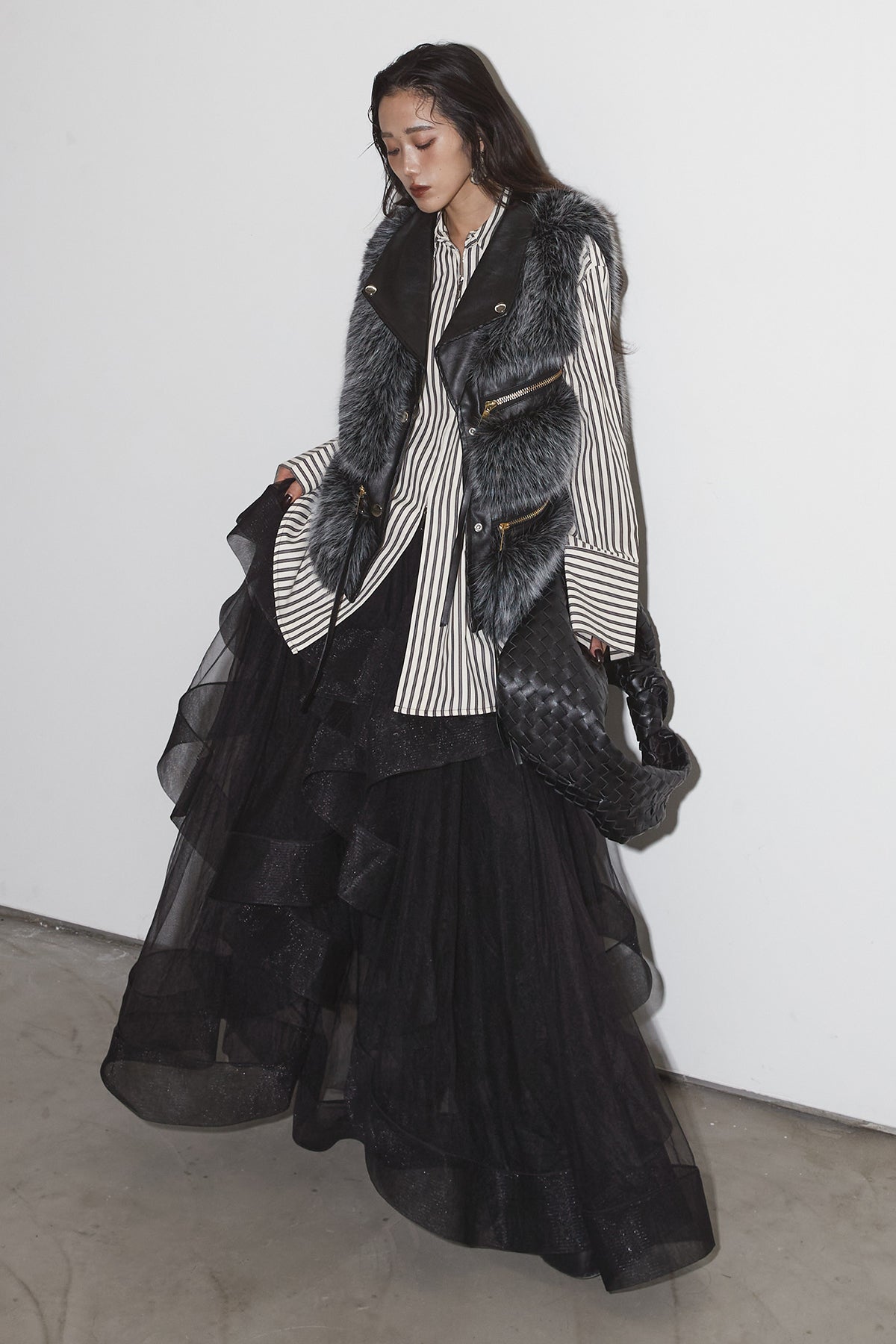 ANDREA & Co. ファーレザーベスト フェイクファーライダースベスト