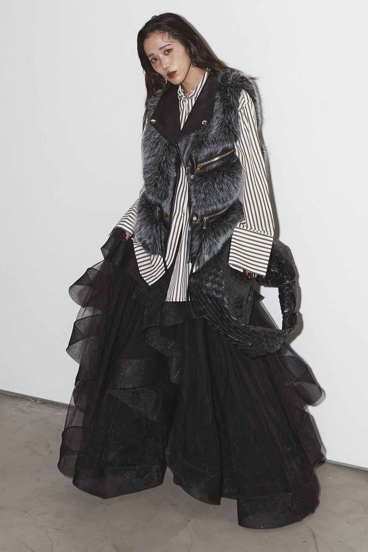 SET】フェイクファーライダースベスト+ボリュームフリルチュール