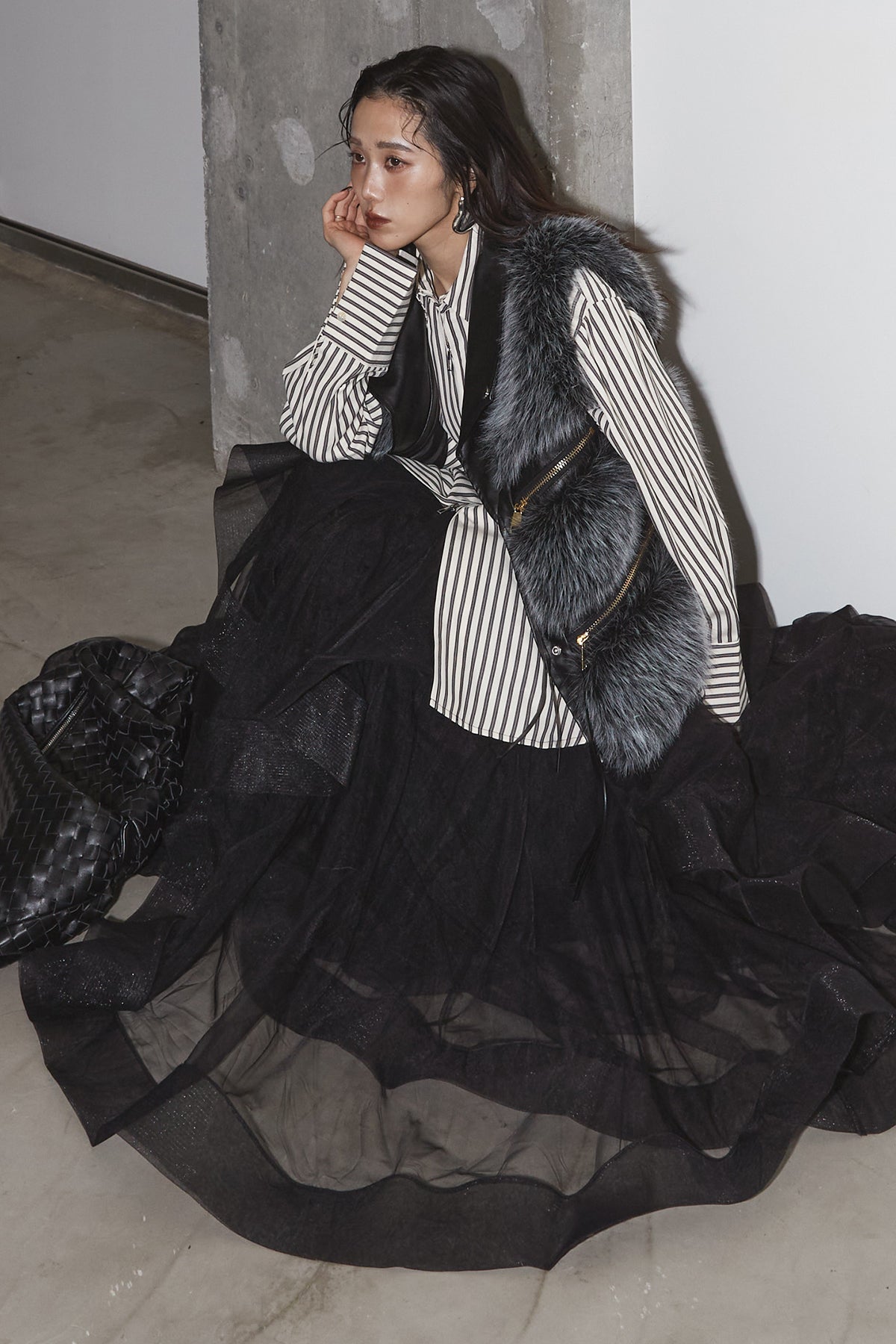 SET】フェイクファーライダースベスト+ボリュームフリルチュール
