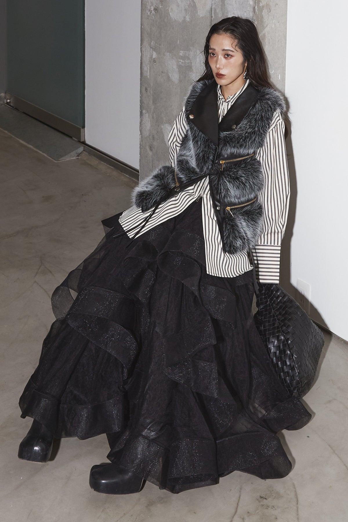 SET】フェイクファーライダースベスト+ボリュームフリルチュール