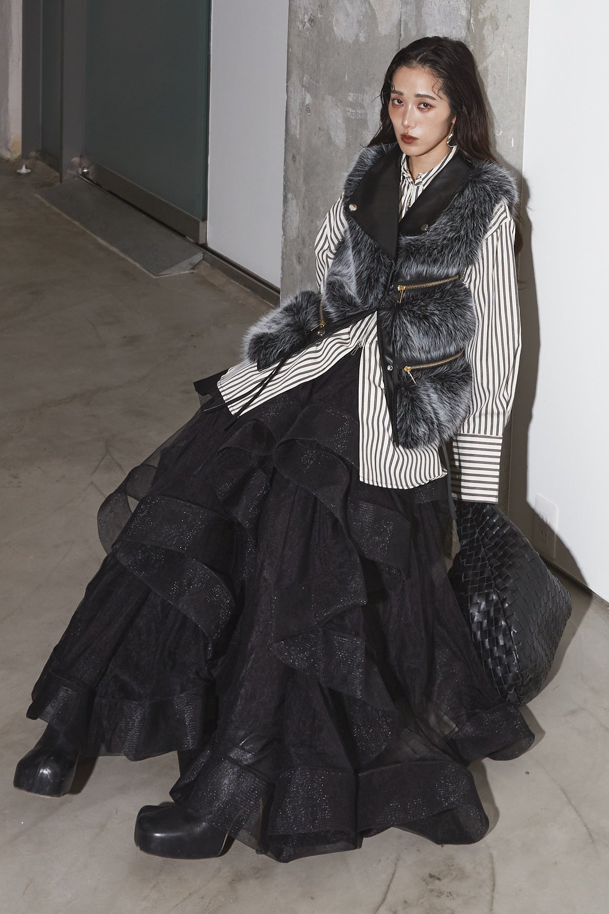 SET】フェイクファーライダースベスト+ボリュームフリルチュール