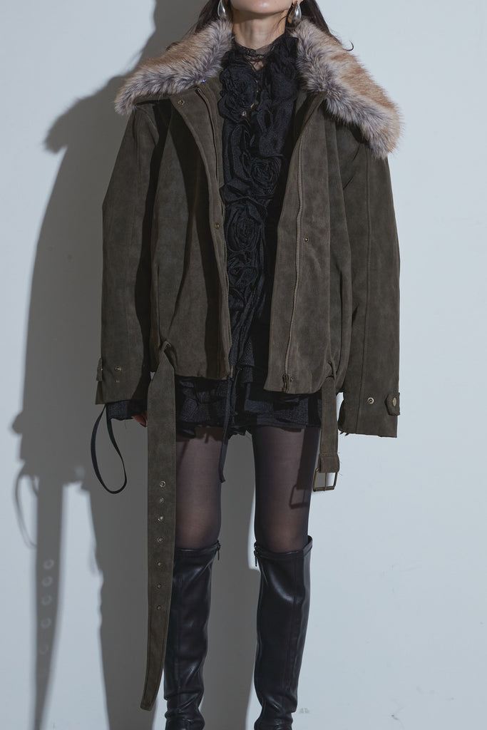 SET】フリルチュニックセットアップ+ファーカラースエードジャケット