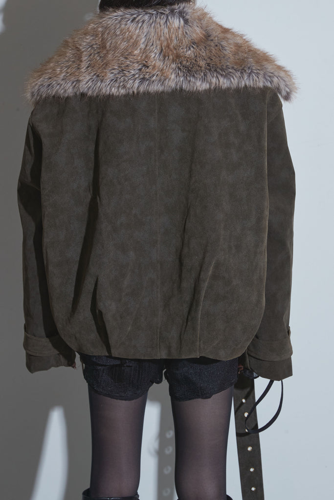 SET】フリルチュニックセットアップ+ファーカラースエードジャケット