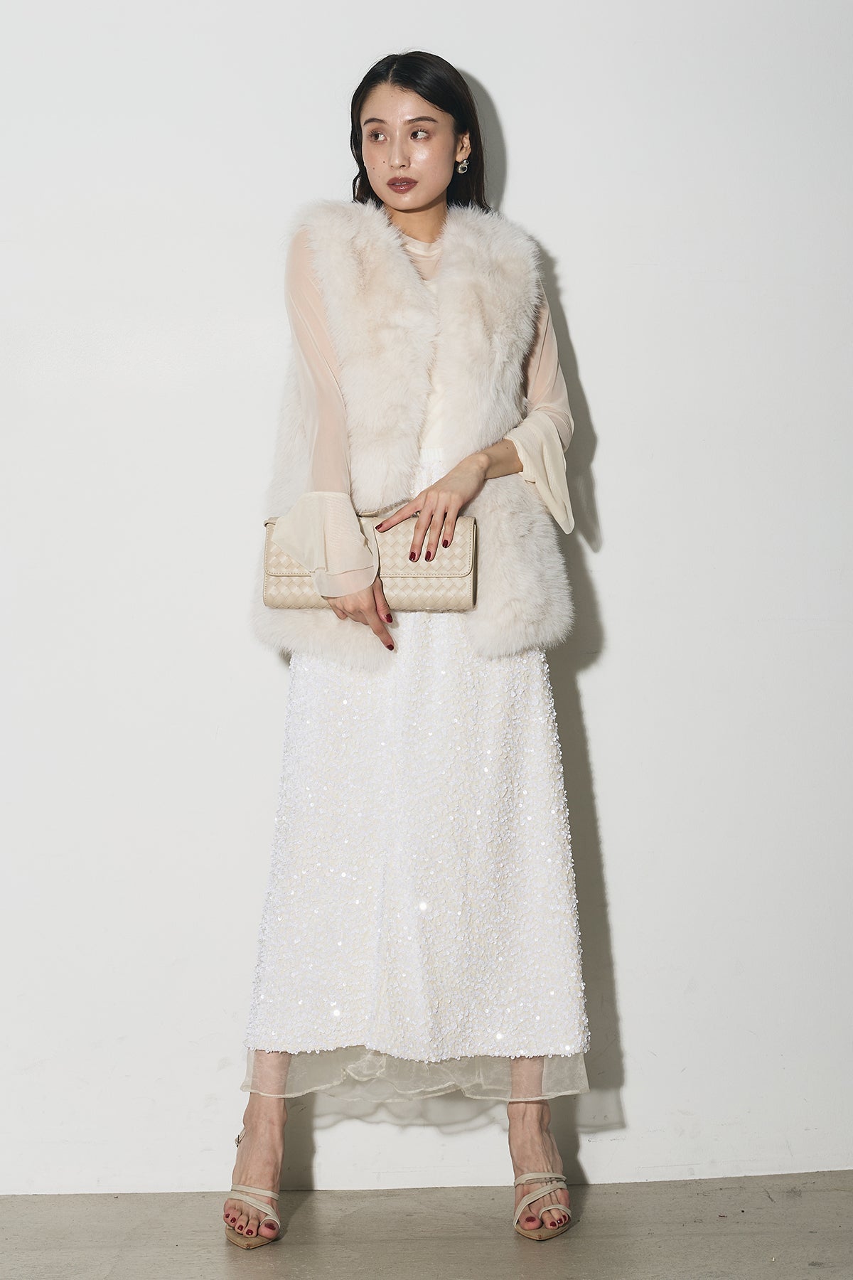 SET】フレアカフスシアートップ+シャギーフェイクファーベスト+