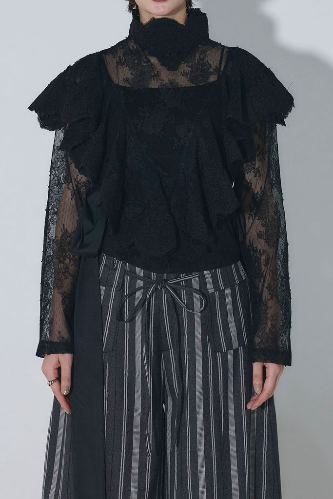 SET】ボリュームフリルレースブラウス+マルチストライプワイドパンツ