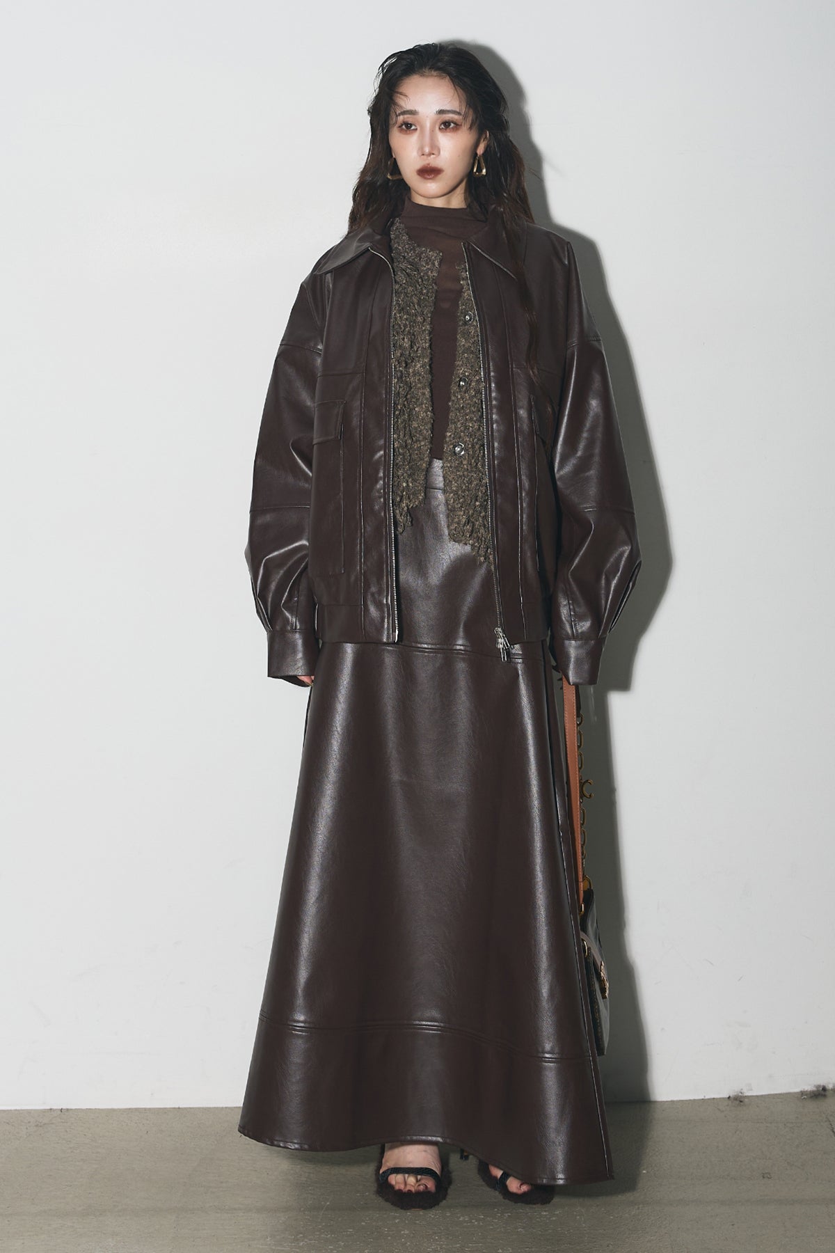 SET】ボリュームニットベスト+ダブルジップレザージャケット+レザー